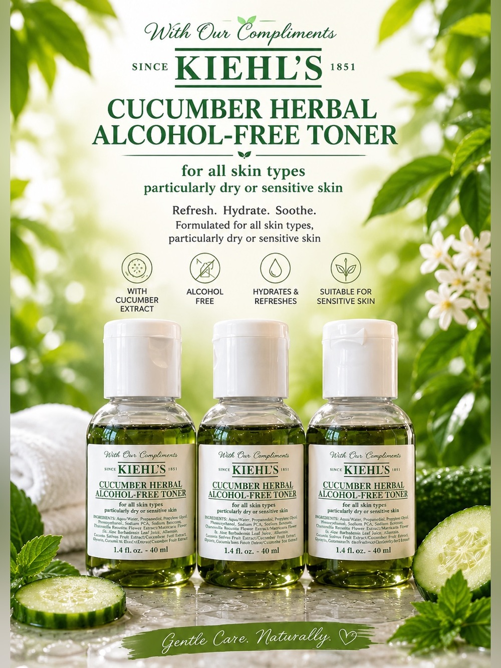 Kiehl’s Cucumber Herbal Toner Set Of 3 Travel Size 40ml Alcohol Free Sensitive